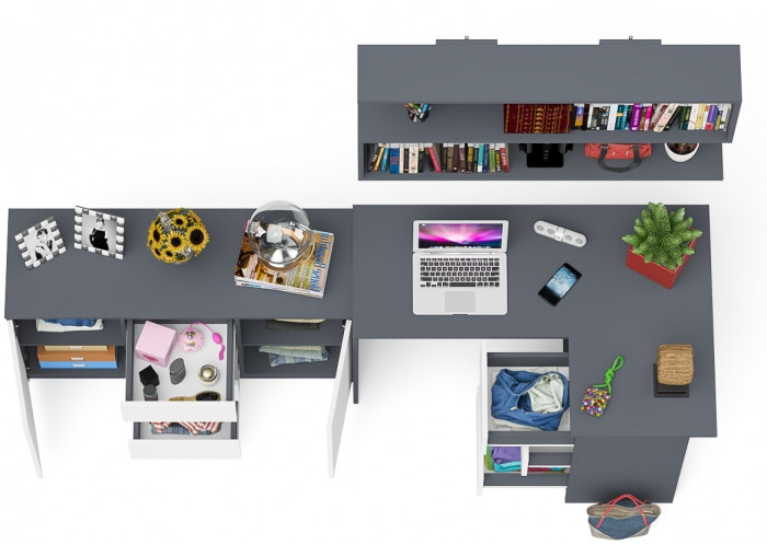 Мори компьютерный стол МС-16 правый + Комод МК1200.3 + Полка 1200, графит/белый