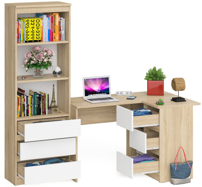 Мори компьютерный стол МС-16 правый + Стеллаж МСТ600.3, дуб сонома/белый
