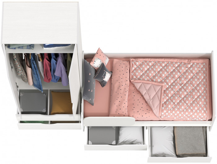 КР100 Уна 11.22 Кровать с ящиками + 13.327 Шкаф для одежды, цвет белый(структура Поры дерева), сп. м. 800х1600 мм., б/м, основание есть