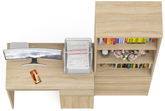 Мори Стол компьютерный МС-1 правый + Стеллаж МСТ600.3, цвет дуб сонома, ШхГхВ 150,4х50х179,6 см., выдвижной ящик справа, НЕ универсальная сборка
