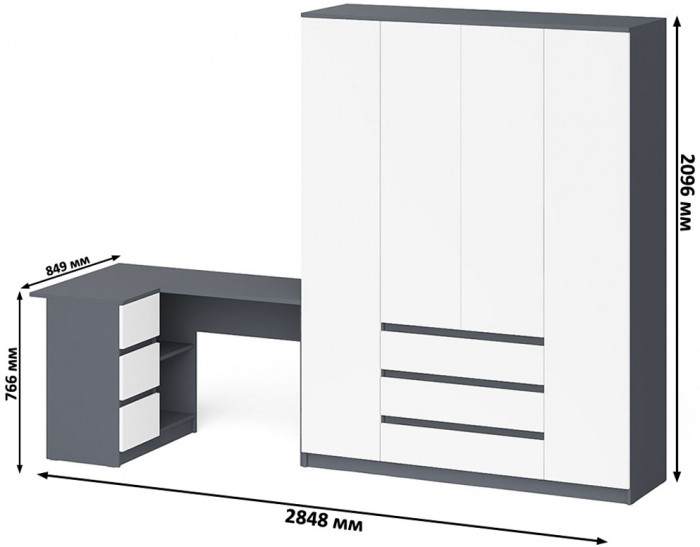 Мори компьютерный стол МС-16 левый + Шкаф МШ1600.1, графит/белый
