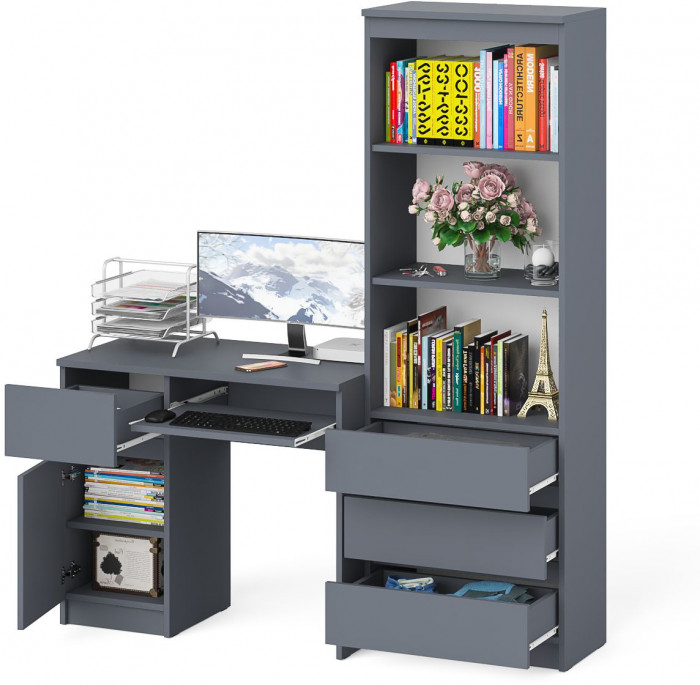 Мори Стол компьютерный МС-1 левый + Стеллаж МСТ600.3, цвет графит, ШхГхВ 150,4х50х179,6 см., выдвижной ящик слева, НЕ универсальная сборка