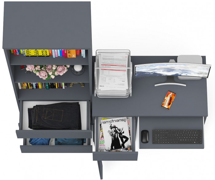 Мори Стол компьютерный МС-1 левый + Стеллаж МСТ600.3, цвет графит, ШхГхВ 150,4х50х179,6 см., выдвижной ящик слева, НЕ универсальная сборка