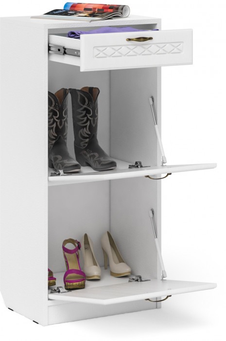 Прихожая П-6 Тумба для обуви 2 секции, цвет белая шагрень/фасады МДФ белое дерево фрезеровка ромб, ШхГхВ 50х35х108,3 см.