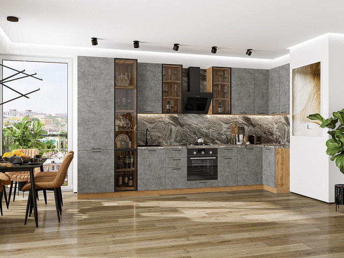 Кухонный гарнитур угловой Флэт-05, ЛДСП, 400×100 см, Вотан/Камень (Мрамор горный)