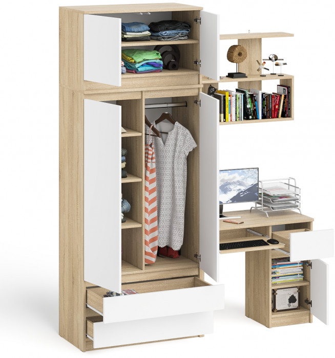 Мори компьютерный стол МС-1 правый + Шкаф МШ900.1 + Антресоль МА900.1 + Полка 900, дуб сонома/белый
