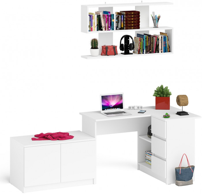 Мори компьютерный стол МС-16 правый + Тумба МА900.1 + Полка 1200, белый