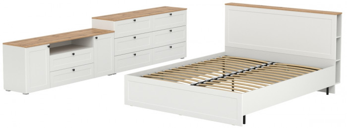 Остин 11.53 Кровать + ортопед + 16.240 Комод + 16.47 Тумба под ТВ, белый шагрень/дуб крафт золотой