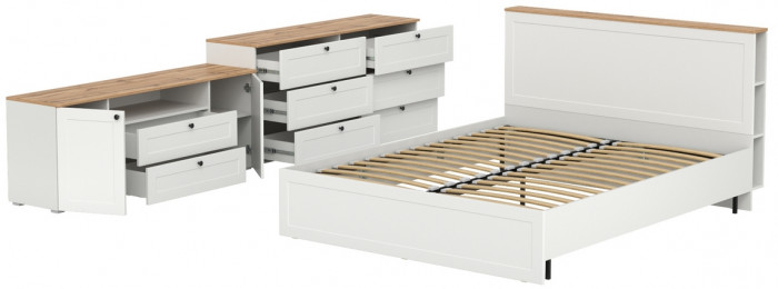 Остин 11.53 Кровать + ортопед + 16.240 Комод + 16.47 Тумба под ТВ, белый шагрень/дуб крафт золотой