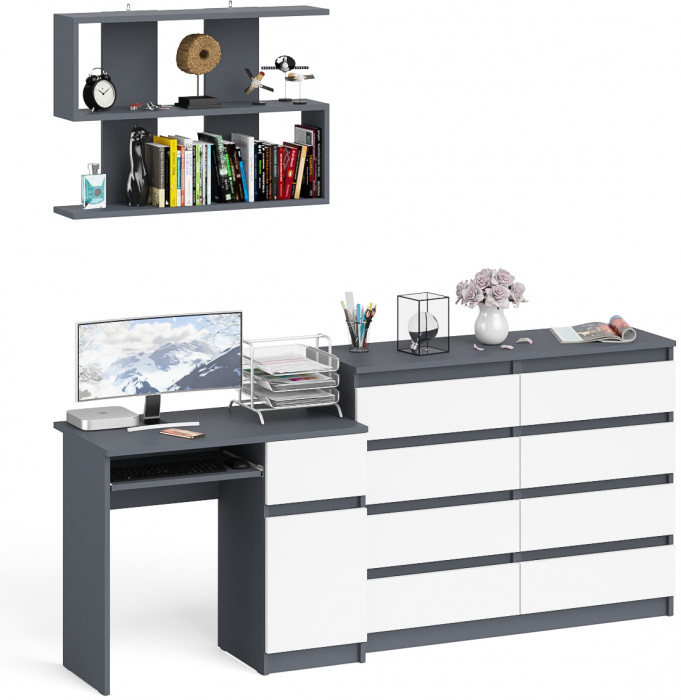 Мори Стол компьютерный МС-1 правый + Комод МК1200.8 + Полка 900, цвет графит/белый, ШхГхВ 210,4х50х209,6 см., НЕ универсальная сборка