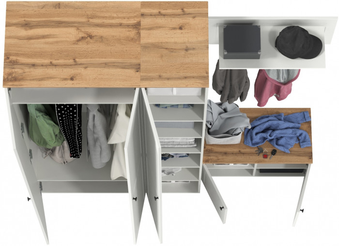 Остин Прихожая 43, цвет белый шагрень/дуб крафт золотой, ШхГхВ 200х54,3х229,6 см., универсальная сборка