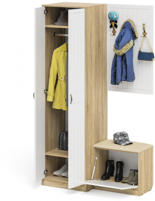 Прихожая П-6 Компоновка № 12, цвет дуб сонома/фасады МДФ белое дерево фрезеровка прованс, ШхГхВ 120х50х210 см., универсальная сборка