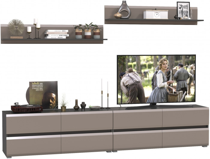 Сидней Комплектация № 044, цвет корпус: антрацит/фасады: МДФ веллюто капучино, ШхГхВ 260х41,3х200 см., ниша для ТВ 130х41х100 см., универс. сборка