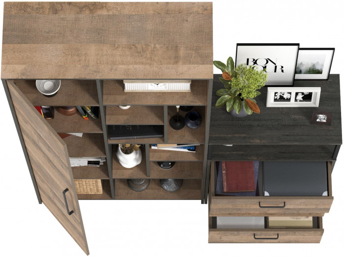 Трувор 13.206 Шкаф-стеллаж + 13.307.02 Комод с ящиками, цвет дуб гранж песочный/интра, ШхГхВ 159х37х194,2 см., универсальная сборка
