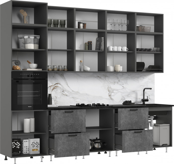 Кухня Рио NEW ЛДСП 3,0м/1080м (490) Компановка №3, Бетон светлый/Бетон темный/Белый глянец, Графит