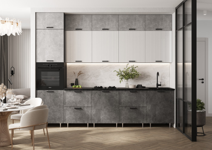 Кухня Рио NEW ЛДСП 3,0м/1080м (490) Компановка №3, Бетон светлый/Бетон темный/Белый глянец, Графит