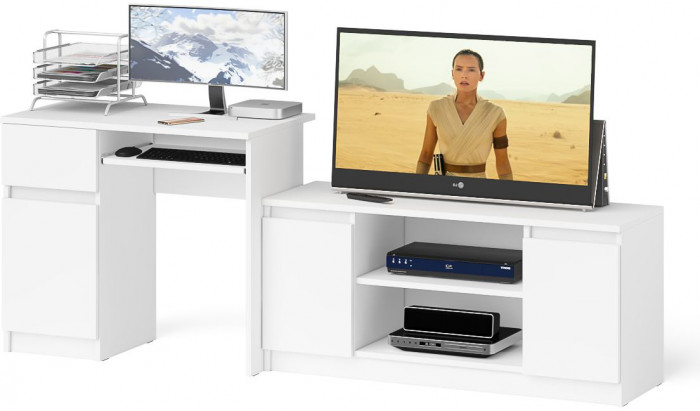 Мори Стол компьютерный МС-1 левый + Тумба МТВ1200.1, цвет белый, ШхГхВ 210,4х50х76,6 см., выдвижной ящик слева, НЕ универсальная сборка