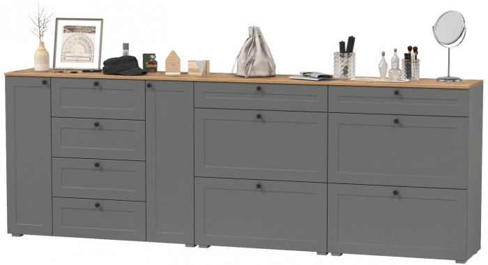 Остин 16.221 Комод + 16.121 Тумба для обуви + 16.121 Тумба для обуви, цвет серый графит/дуб крафт золотой, ШхГхВ 280х41,9х99,3 см., ун. сборка