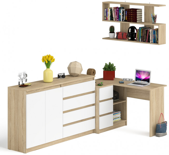 Мори компьютерный стол МС-16 левый + Комод МК1600.1 + Полка 1200, дуб сонома/белый