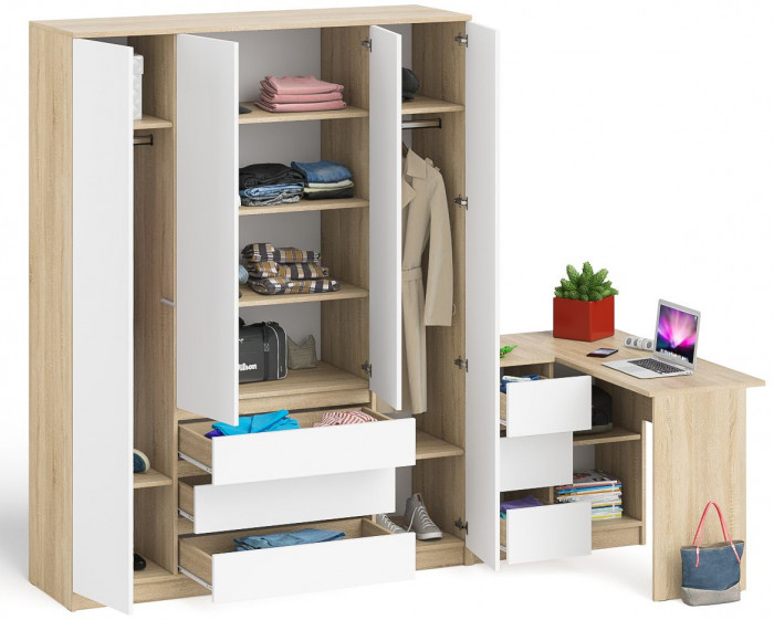 Мори компьютерный стол МС-16 левый + Шкаф МШ1600.1, дуб сонома/белый