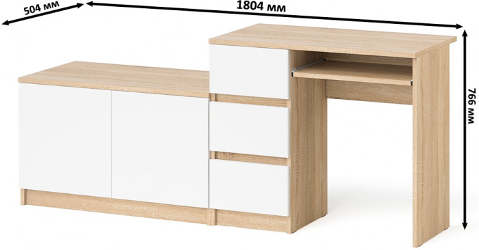 Мори компьютерный стол МС-6 левый + Тумба МА900.1, дуб сонома/белый