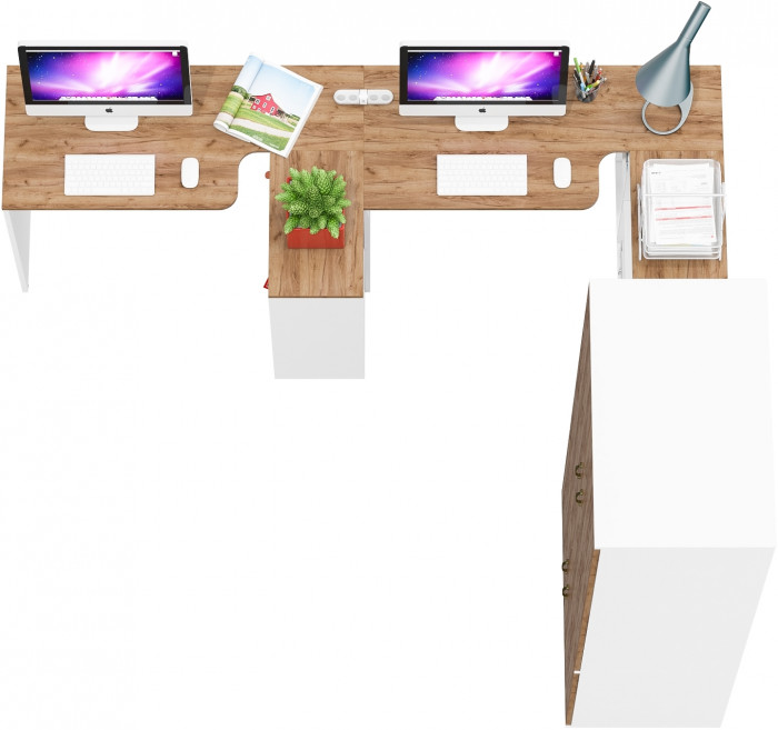 Лидер-8 Стол + Стол + Шкаф МД 19Б + Тумба МД 3.15, белый шагрень/крафт золото