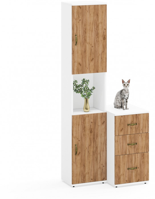 Лидер-8 Пенал + Тумба МД 3.16, цвет белый шагрень/крафт золото, ШхГхВ 80х50х190 см., универсальная сборка