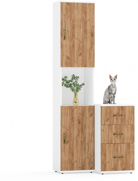 Лидер-8 Пенал + Тумба МД 3.16, цвет белый шагрень/крафт золото, ШхГхВ 80х50х190 см., универсальная сборка