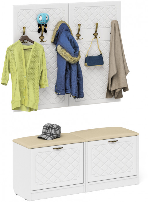 Прихожая П-6 Компоновка № 01, цвет белая шагрень/фасады МДФ белое дерево фрезеровка ромб, ШхГхВ 120х35х200 см.