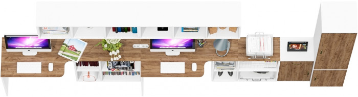 Лидер-8 Стол + Полка + Стол + Полка + Пенал МД 22Б + Тумба МД 3.15, цвет белый шагрень/крафт золото, 410х50х75/190 или 230х160/50х75/190, НЕ ун. сб.