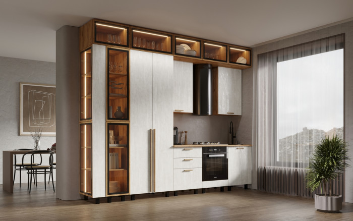 Кухня Рио NEW (дерево) 3,2/1260м (490), компоновка №7, Крафт золотой/Шелковый камень