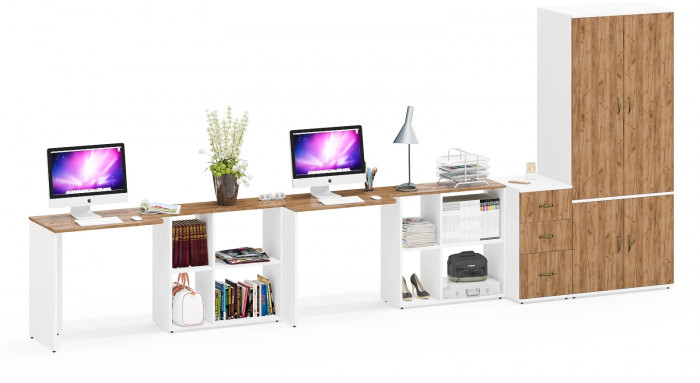 Лидер-8 Стол + Стол + Шкаф МД 19Б + Тумба МД 3.16, белый шагрень/крафт золото