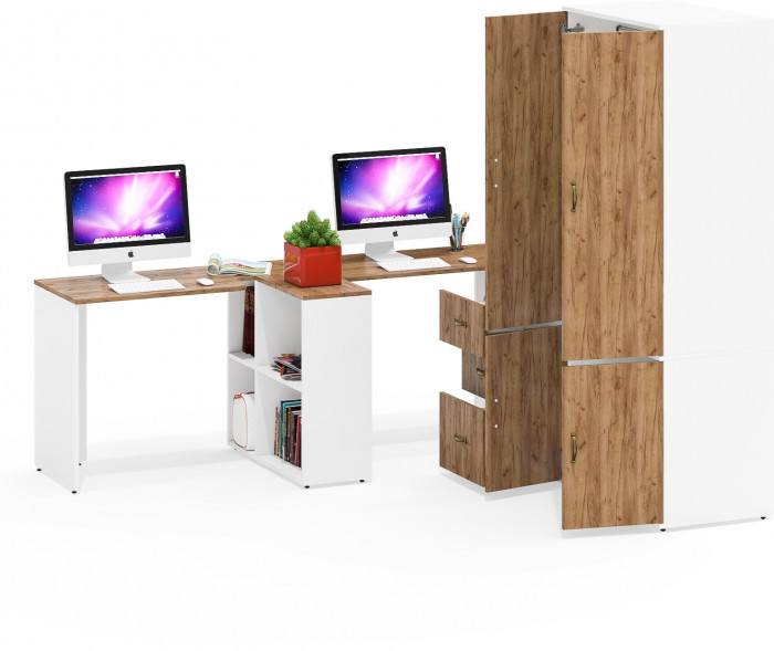 Лидер-8 Стол + Стол + Шкаф МД 19Б + Тумба МД 3.16, белый шагрень/крафт золото