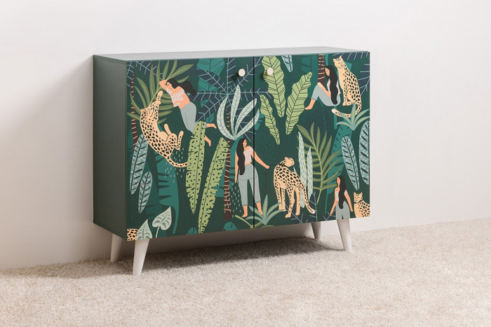 Либера Комод-тумба 16.230.01, цвет пасифай/белый, ШхГхВ 115,3х42,6х92,3 см., фасады с рисунком Тропический лес, две дверки