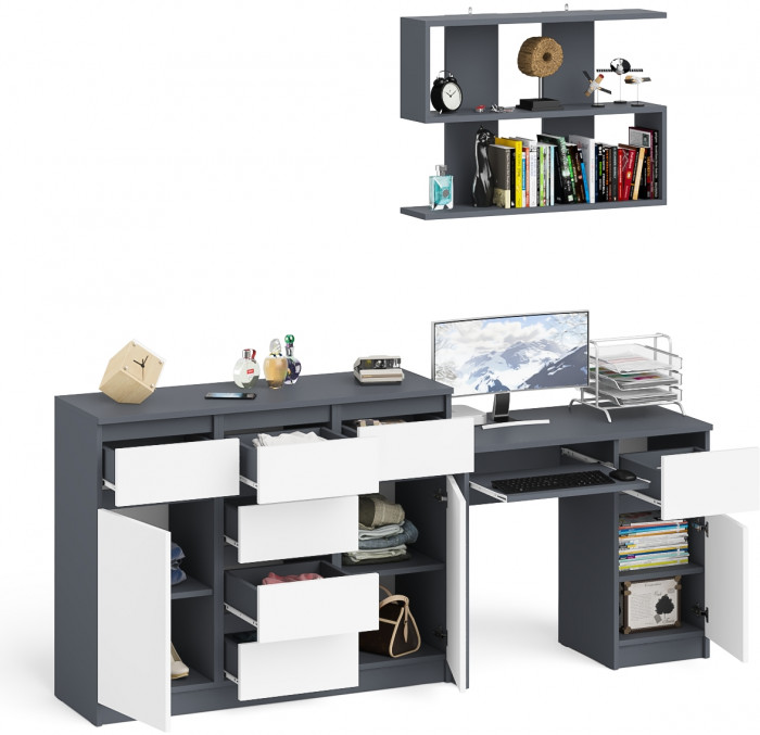 Мори Стол компьютерный МС-1 правый + Комод МК1200.4 + Полка 900, цвет графит/белый, ШхГхВ 210,4х50х209,6 см., НЕ универсальная сборка