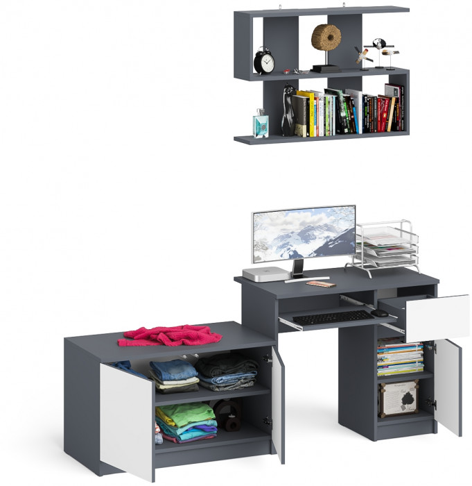 Мори Стол компьютерный МС-1 правый + Тумба МА900.1 + Полка 900, цвет графит/белый, ШхГхВ 180,4х50,4х209,6 см., НЕ универсальная сборка