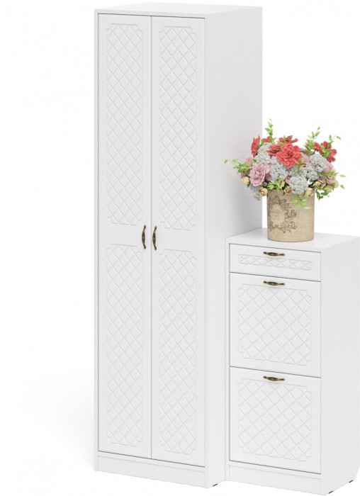 Прихожая П-6 Компоновка № 16, цвет белая шагрень/фасады МДФ белое дерево фрезеровка ромб, ШхГхВ 110х50х210 см., универсальная сборка