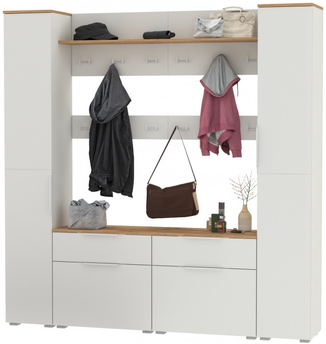 Октава Прихожая 35, цвет белый шагрень/дуб крафт золотой/фасады МДФ белый шагрень, ШхГхВ 194,2х35,4х197,6 см., универсальная сборка