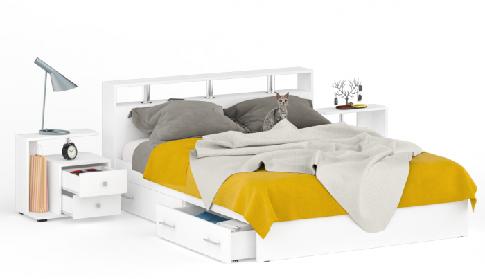 Камелия Кровать с ящиками 1600 + две тумбы, белый