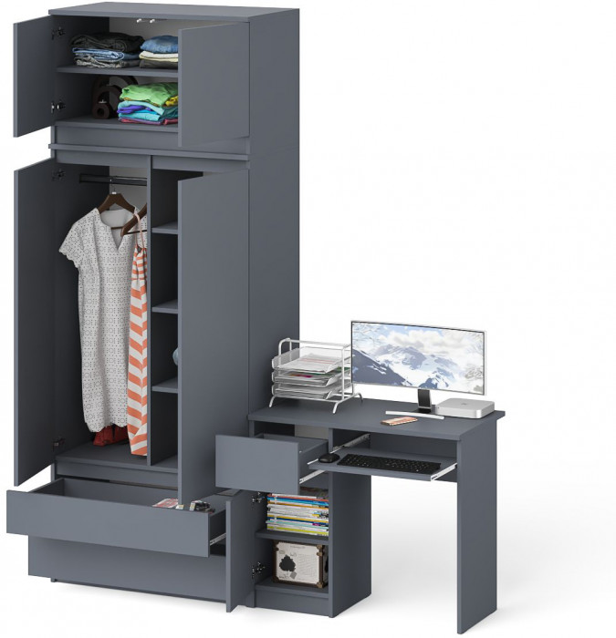 Мори компьютерный стол МС-1 левый + Шкаф МШ900.1 + Антресоль МА900.1, графит