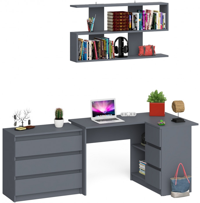 Мори компьютерный стол МС-16 правый + Комод МК800.1 + Полка 1200, графит
