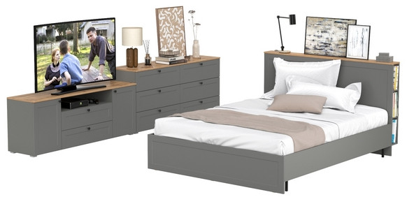 Остин 11.53 Кровать + ортопед + 16.240 Комод + 16.47 Тумба под ТВ, серый графит/дуб крафт золотой