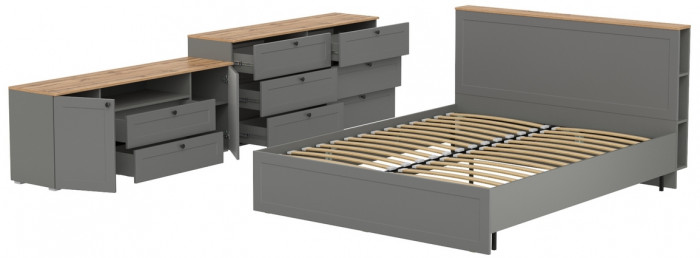Остин 11.53 Кровать + ортопед + 16.240 Комод + 16.47 Тумба под ТВ, серый графит/дуб крафт золотой