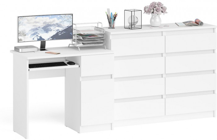 Мори Стол компьютерный МС-1 правый + Комод МК1200.8, цвет белый, ШхГхВ 210,4х50х94 см., выдвижной ящик справа, НЕ универсальная сборка