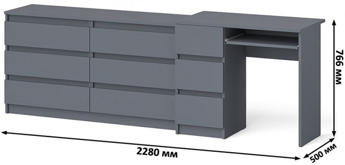 Мори Стол компьютерный МС-6 левый + Комод МК1380.6, цвет графит, ШхГхВ 228х50х76,6 см., выдвижные ящики слева, НЕ универсальная сборка