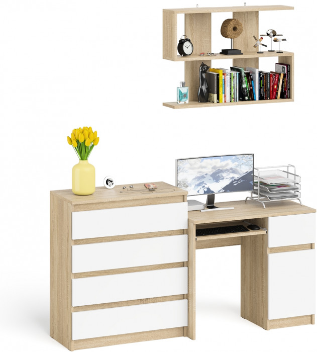 Мори компьютерный стол МС-1 правый + Комод МК800.4 + Полка 900, дуб сонома/белый