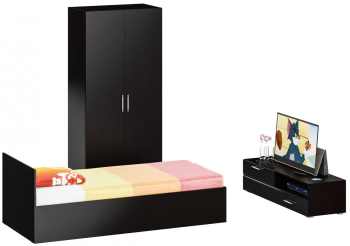 Спальня Стандарт 3-0900, цвет венге/фасады ТВ тумбы МДФ чёрный глянец, сп.м. 900х2000 мм., без матраса, основание есть