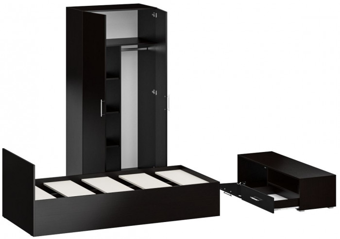 Спальня Стандарт 3-0900, цвет венге/фасады ТВ тумбы МДФ чёрный глянец, сп.м. 900х2000 мм., без матраса, основание есть