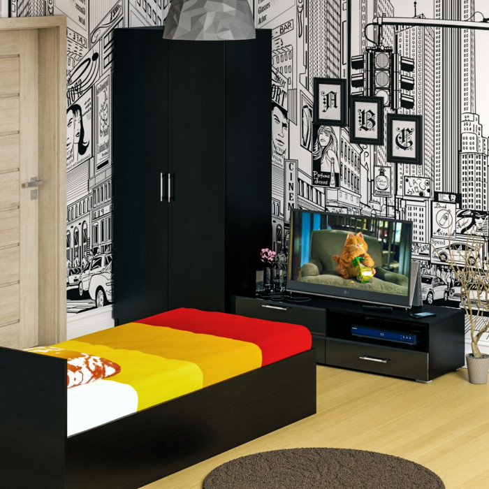 Спальня Стандарт 3-0900, цвет венге/фасады ТВ тумбы МДФ чёрный глянец, сп.м. 900х2000 мм., без матраса, основание есть