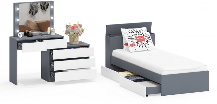 Ксения Кровать с ящиками 0900 + Стол косметический с подсветкой 110, графит/белый